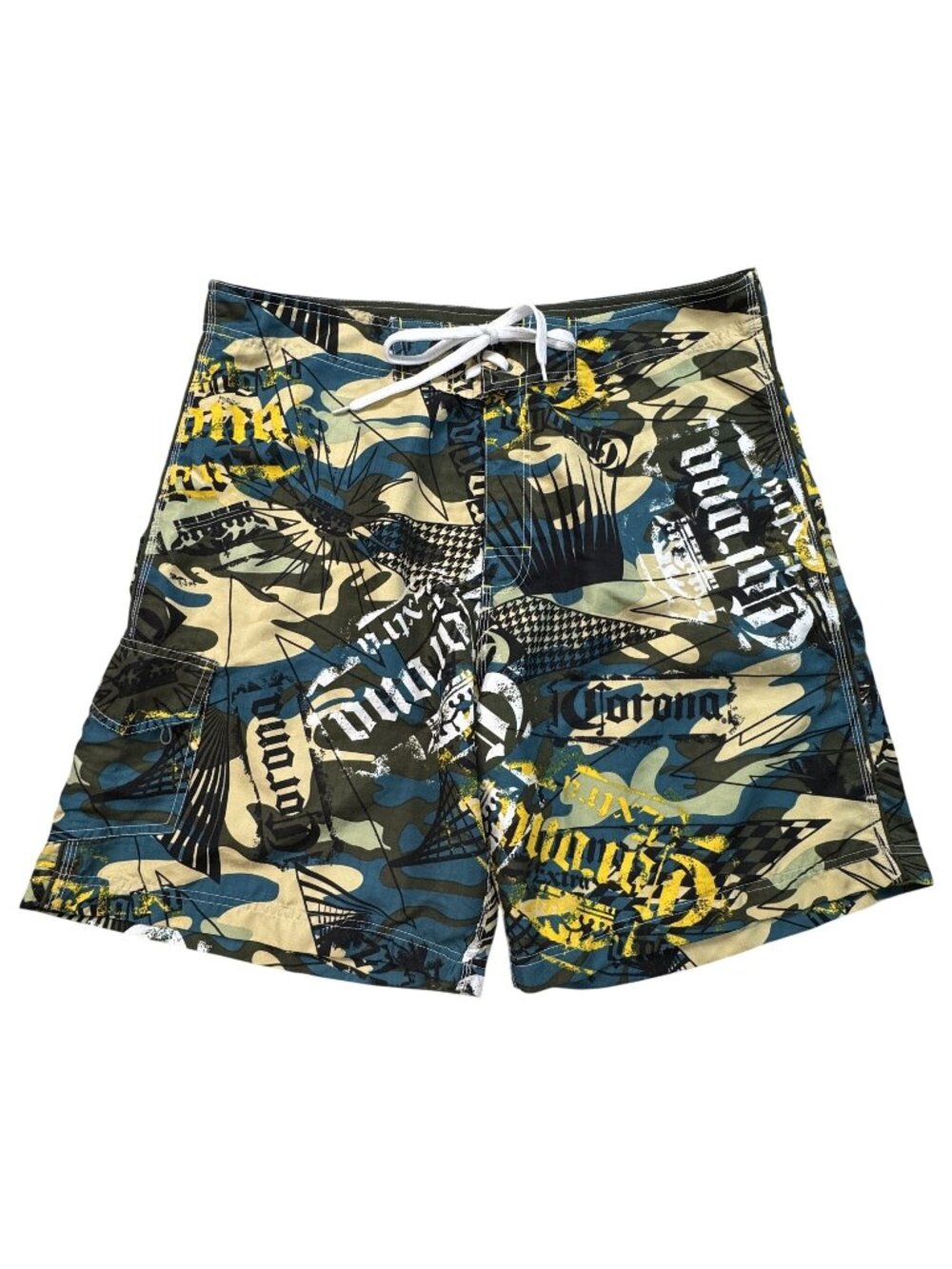 Corona Extra Board Shorts Mens Size 38 Camouflage Pockets Hook Loop Tie Waist